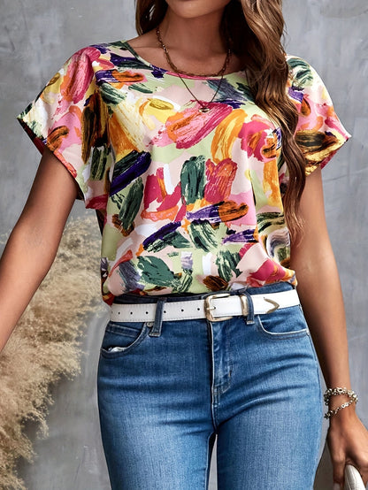 Damen Elegant Bluse mit künstlerischem Pinselstrich-Print – Sommer Freizeit Top