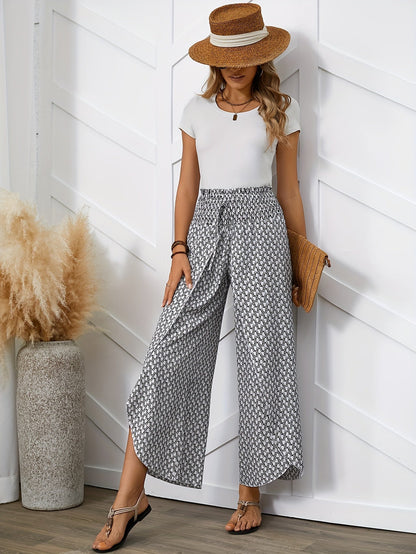 Damen Weite Bein Sommerhose mit Wickeloptik und geometrischem Muster – Elegant & Bequem für Alltag und Urlaub