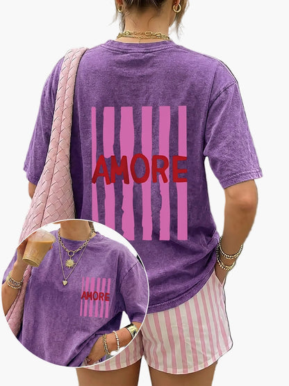 Damen Oversize T-Shirt mit AMORE Print und Streifen – Trendiges Casual Streetwear für den Sommer