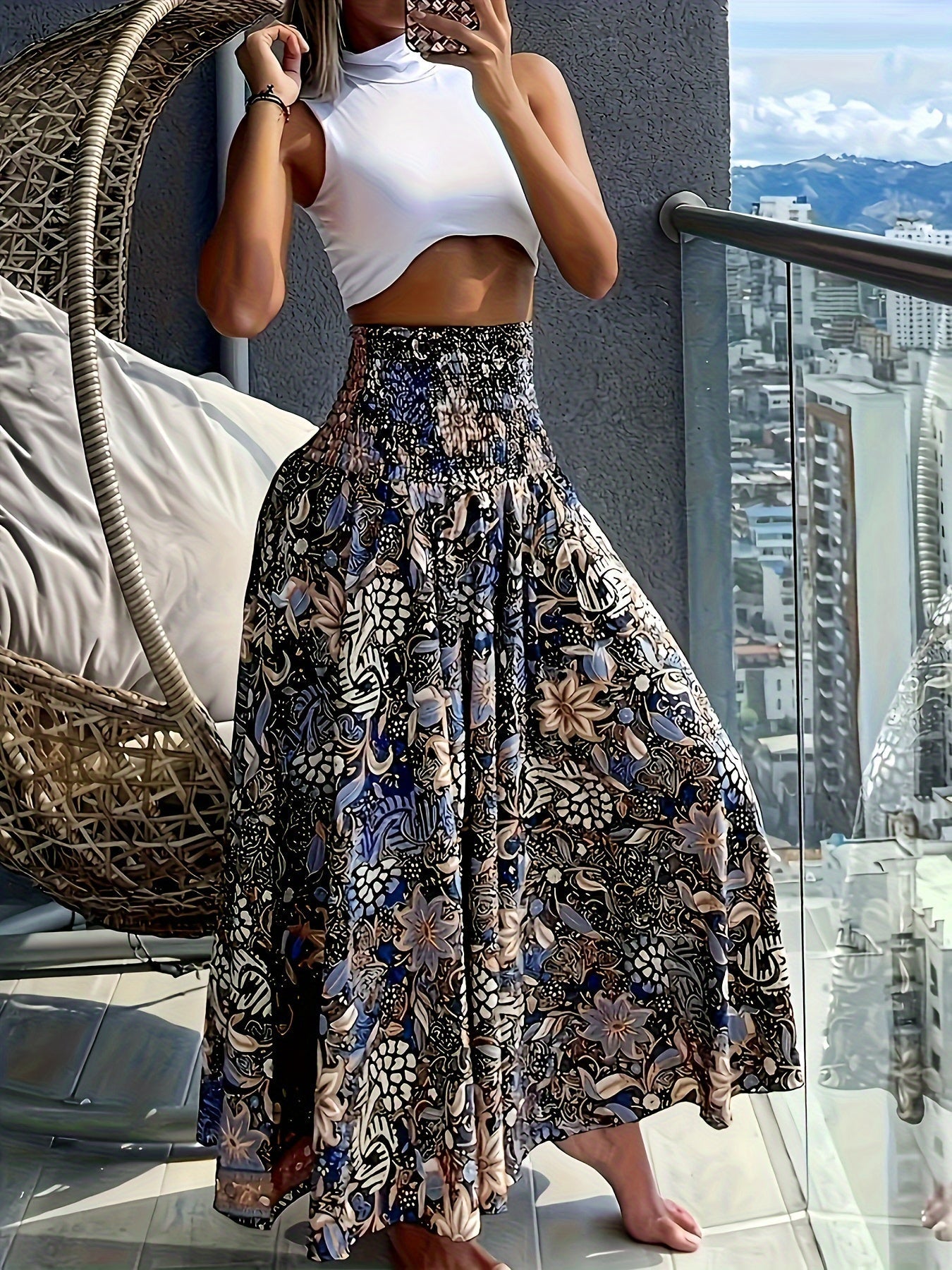 Damen Maxirock Boho-Stil mit tropischem Muster – Perfekt für Sommer, Urlaub & Freizeit