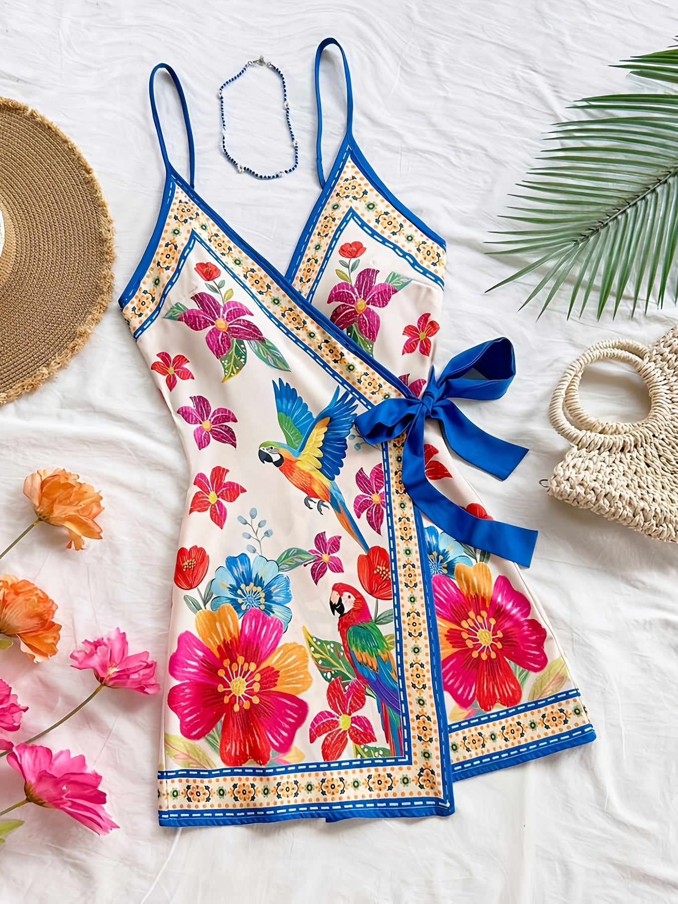 Damen Wickelkleid im Tropischen Stil mit Blumen- und Vogelmotiven