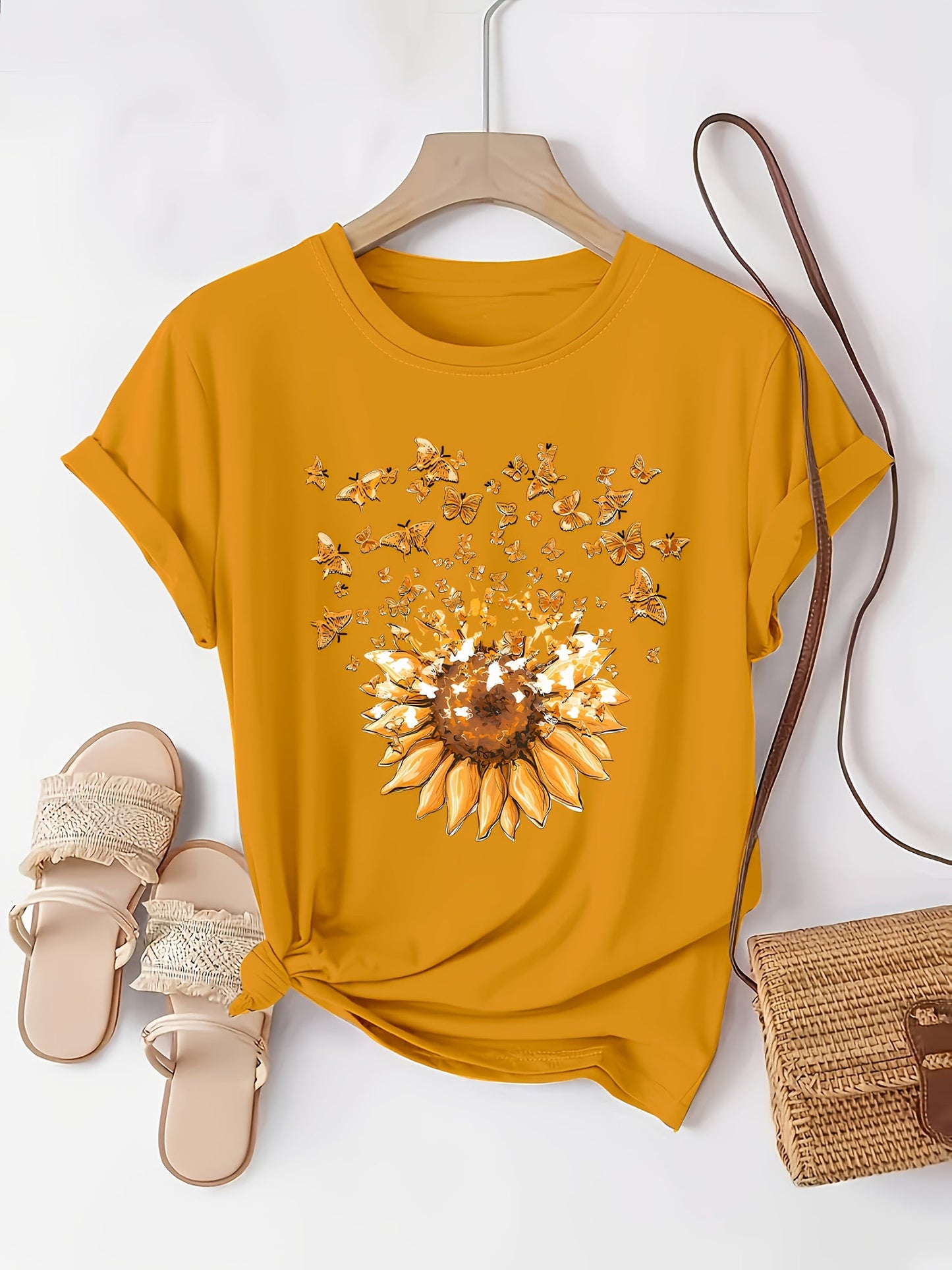Damen T-Shirt mit Sonnenblume und Schmetterlings-Print – Sommerliches Casual Oberteil