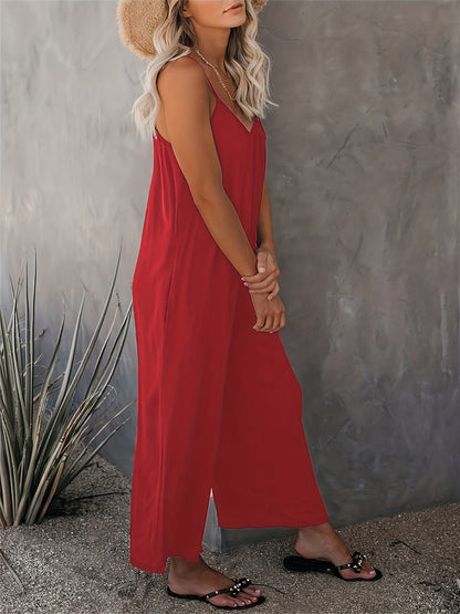 Damen Weite Casual Jumpsuit mit Spaghettiträgern – Luftiger Einteiler für Freizeit & Urlaub