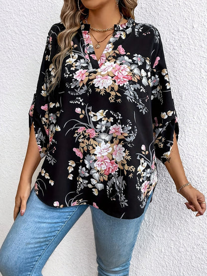 Damen Elegante Bluse mit Blumenmuster und V-Ausschnitt – Perfekt für Alltag und Büro