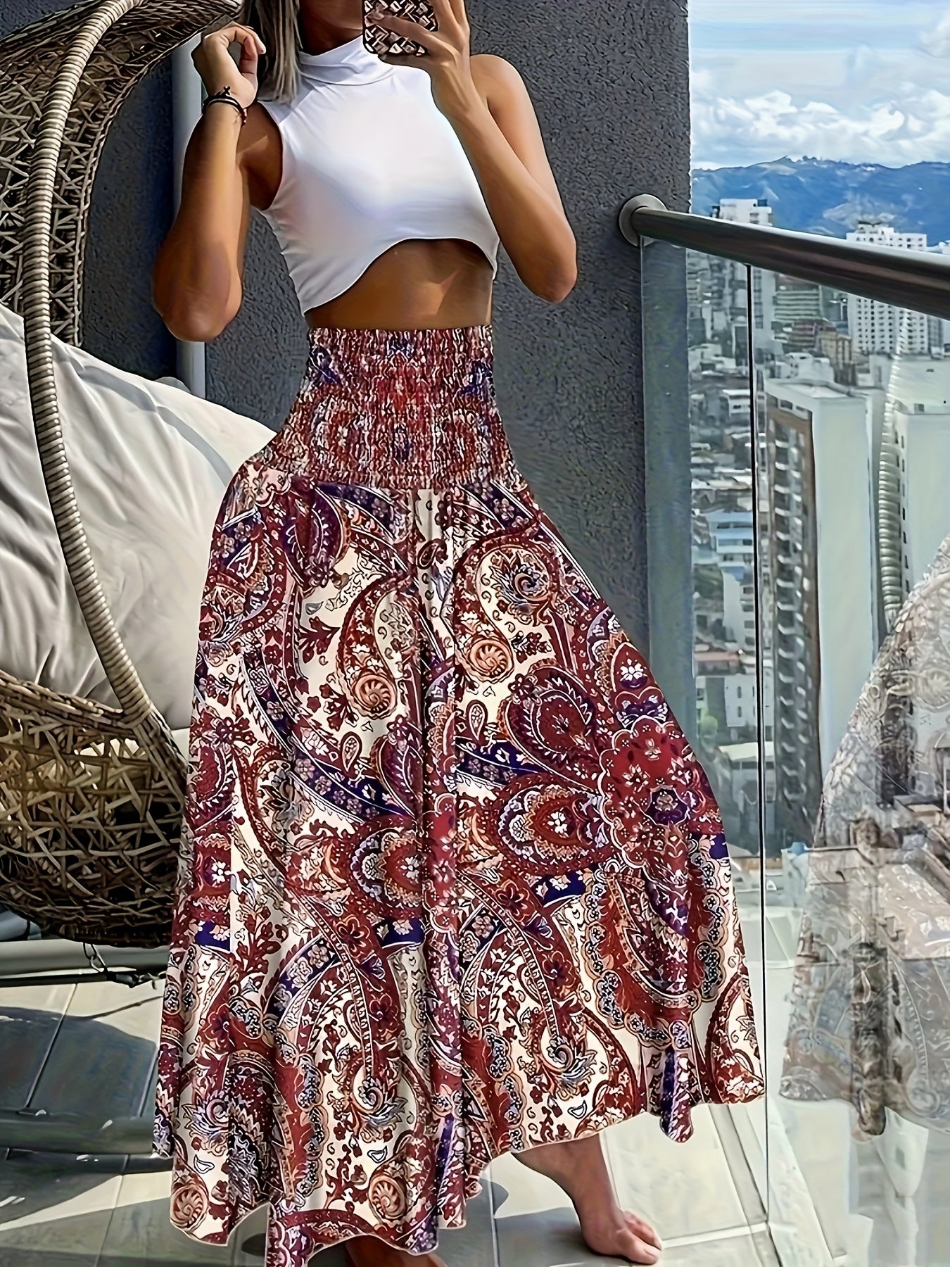 Damen Maxirock Boho-Stil mit tropischem Muster – Perfekt für Sommer, Urlaub & Freizeit