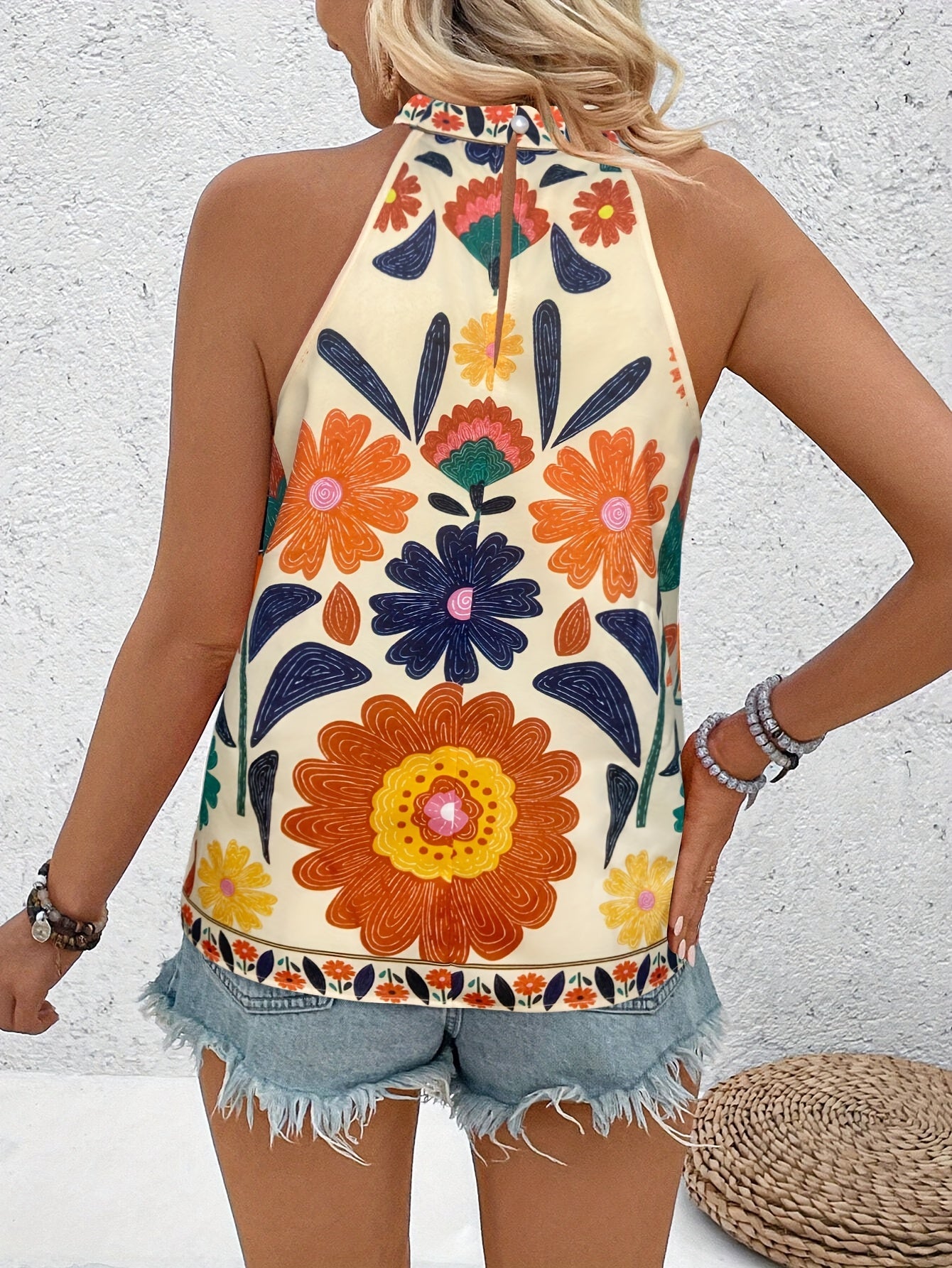 Damen Elegantes Sommer-Top mit Blumenmuster und Stehkragen – Lässig für Urlaub & Alltag