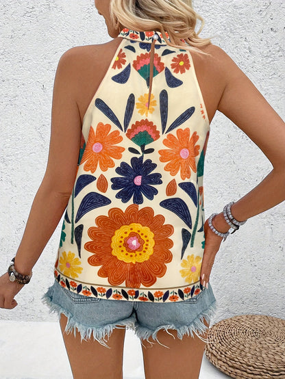 Damen Elegantes Sommer-Top mit Blumenmuster und Stehkragen – Lässig für Urlaub & Alltag