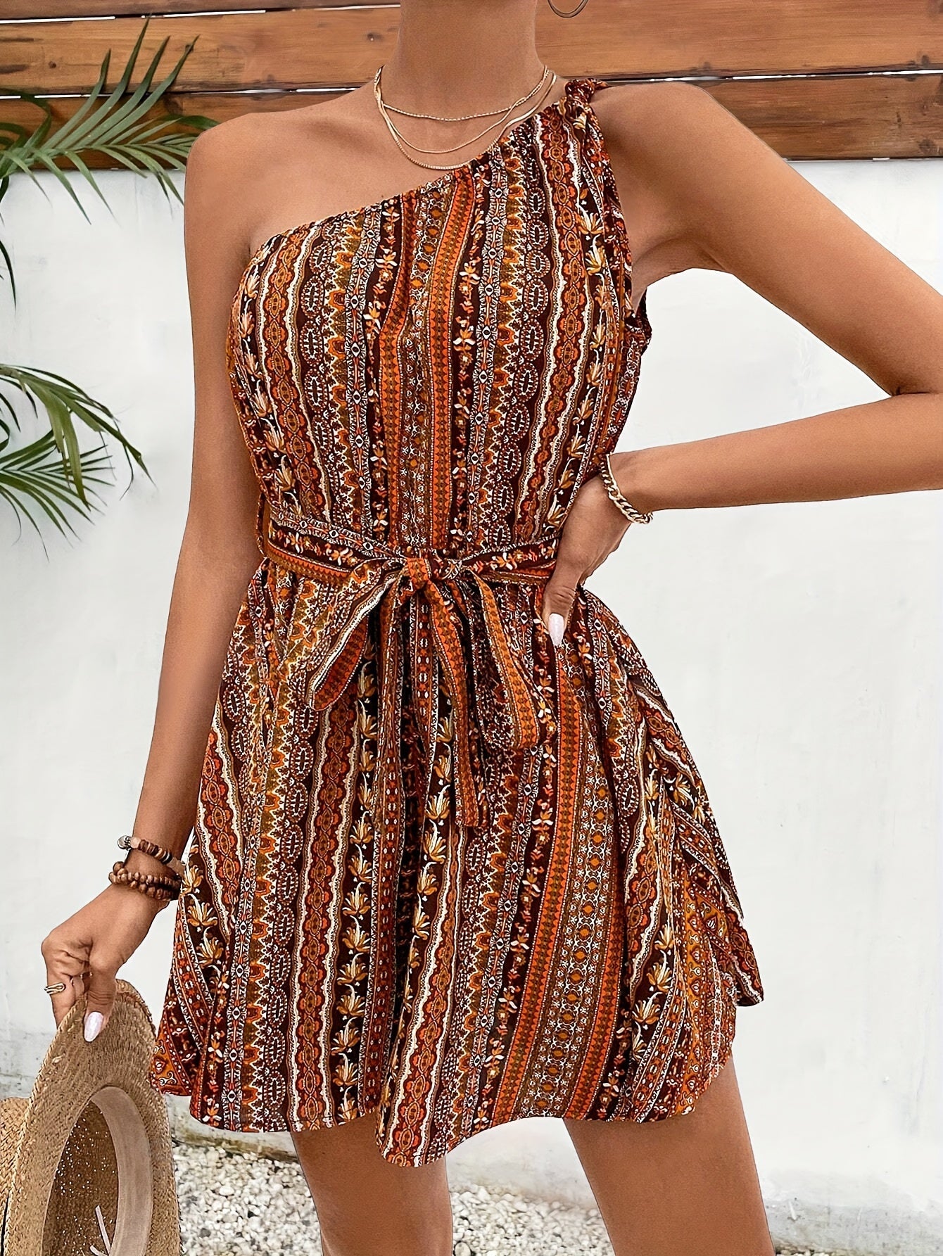 Damen Ein-Schulter Minikleid im Boho-Stil für Urlaub und Sommer