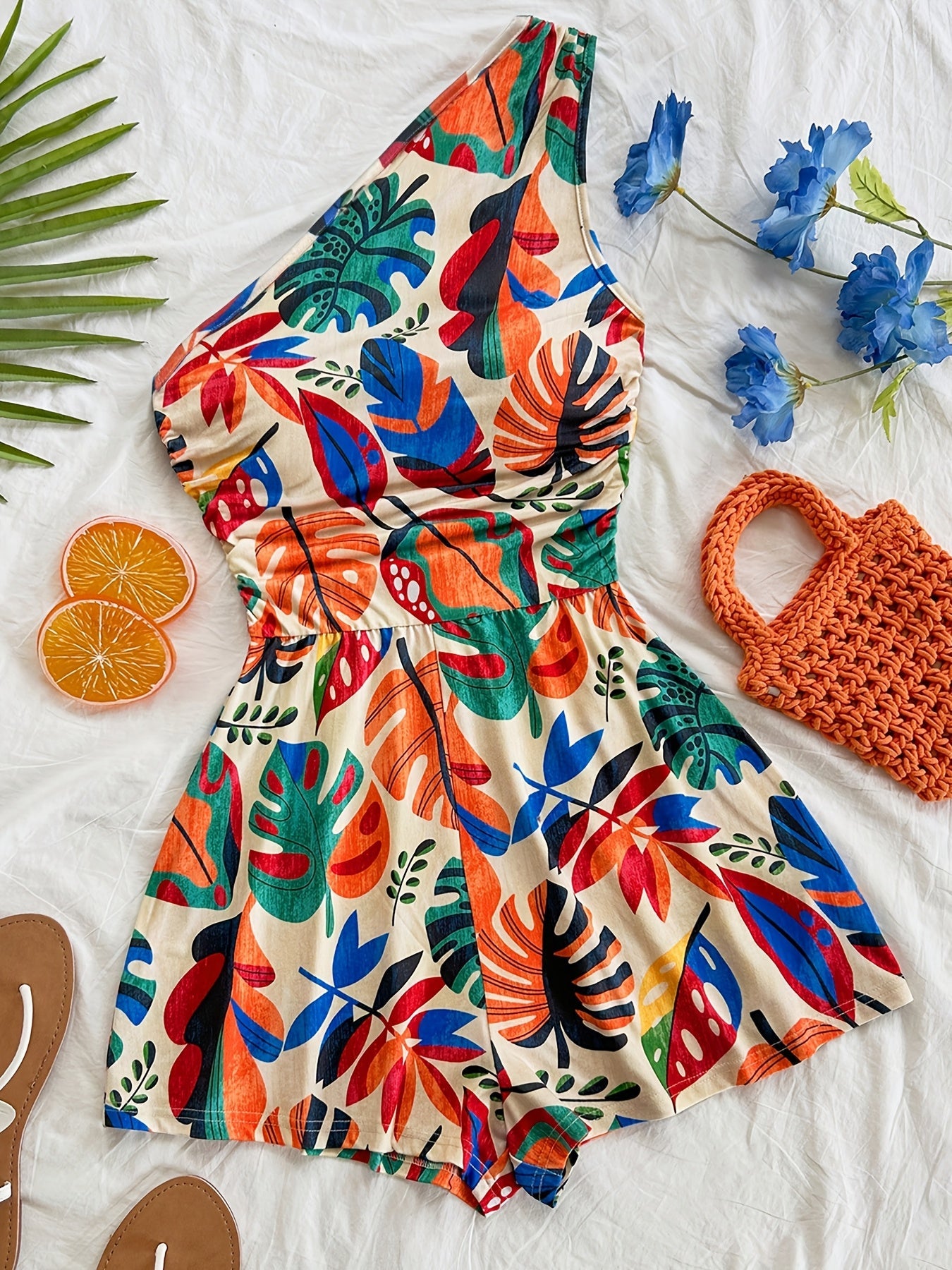 Damen Ein-Schulter Jumpsuit mit Tropenprint – Modischer Sommer Overall für Freizeit und Urlaub