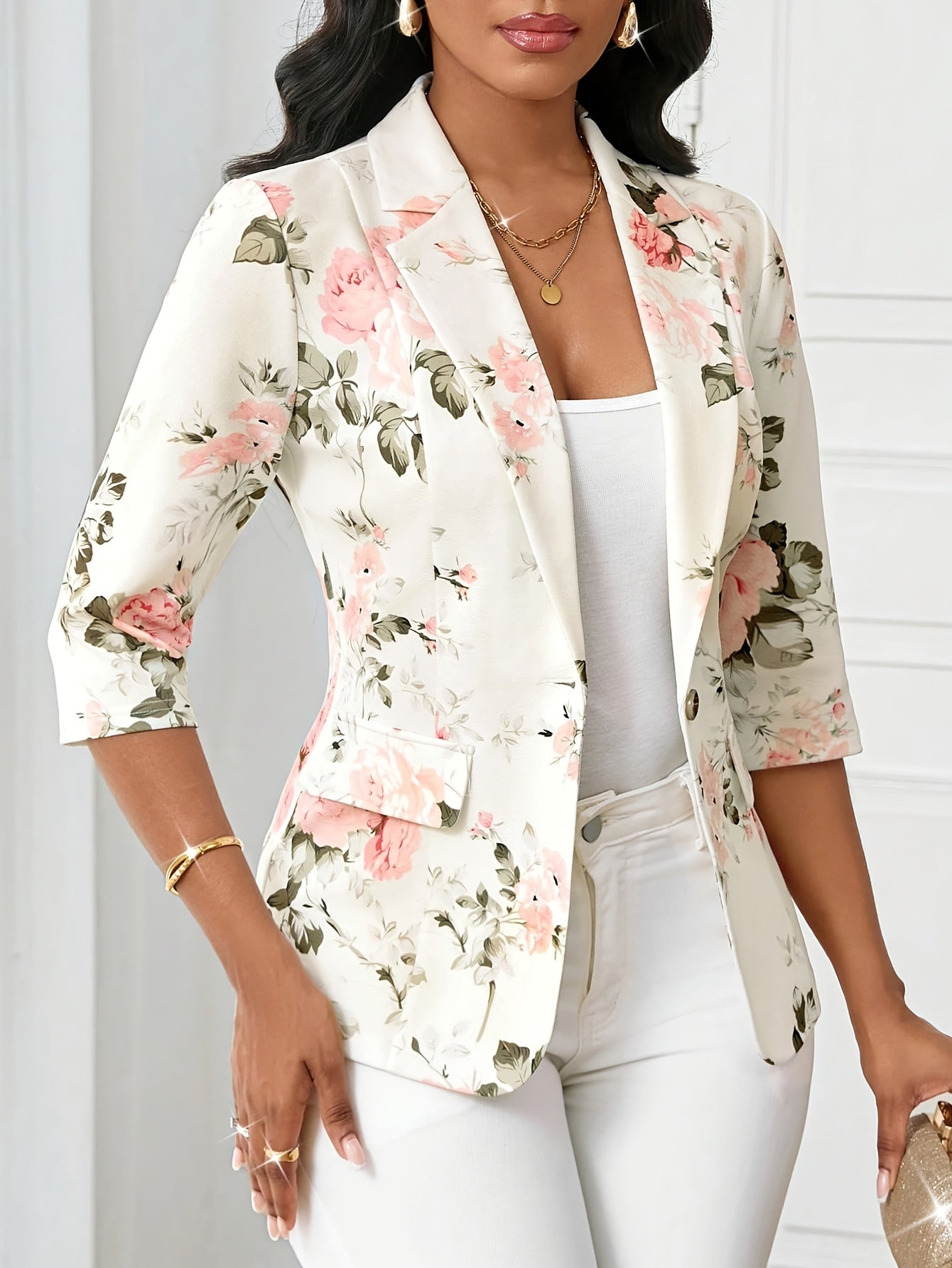 Damen Blazer Elegant Floral Business Freizeitjacke mit 3/4-Ärmeln