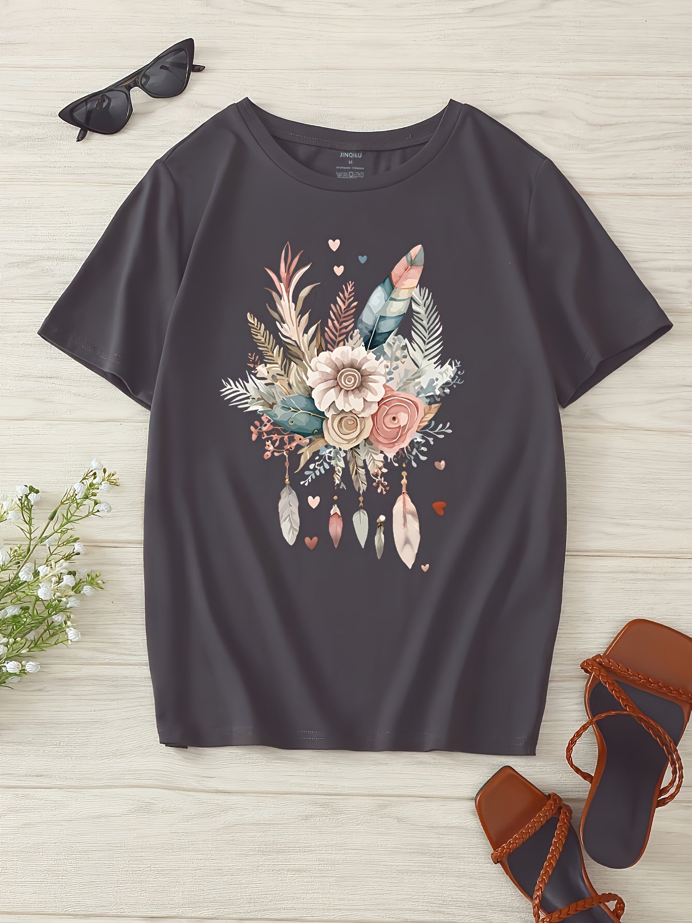 Damen T-Shirt mit Blumen- und Federprint, Casual Style, Ideal für Sommer und Freizeit