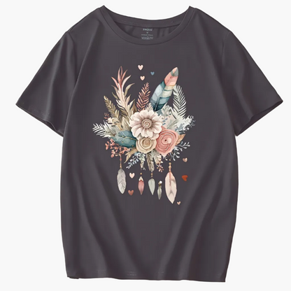 Damen T-Shirt mit Blumen- und Federprint, Casual Style, Ideal für Sommer und Freizeit