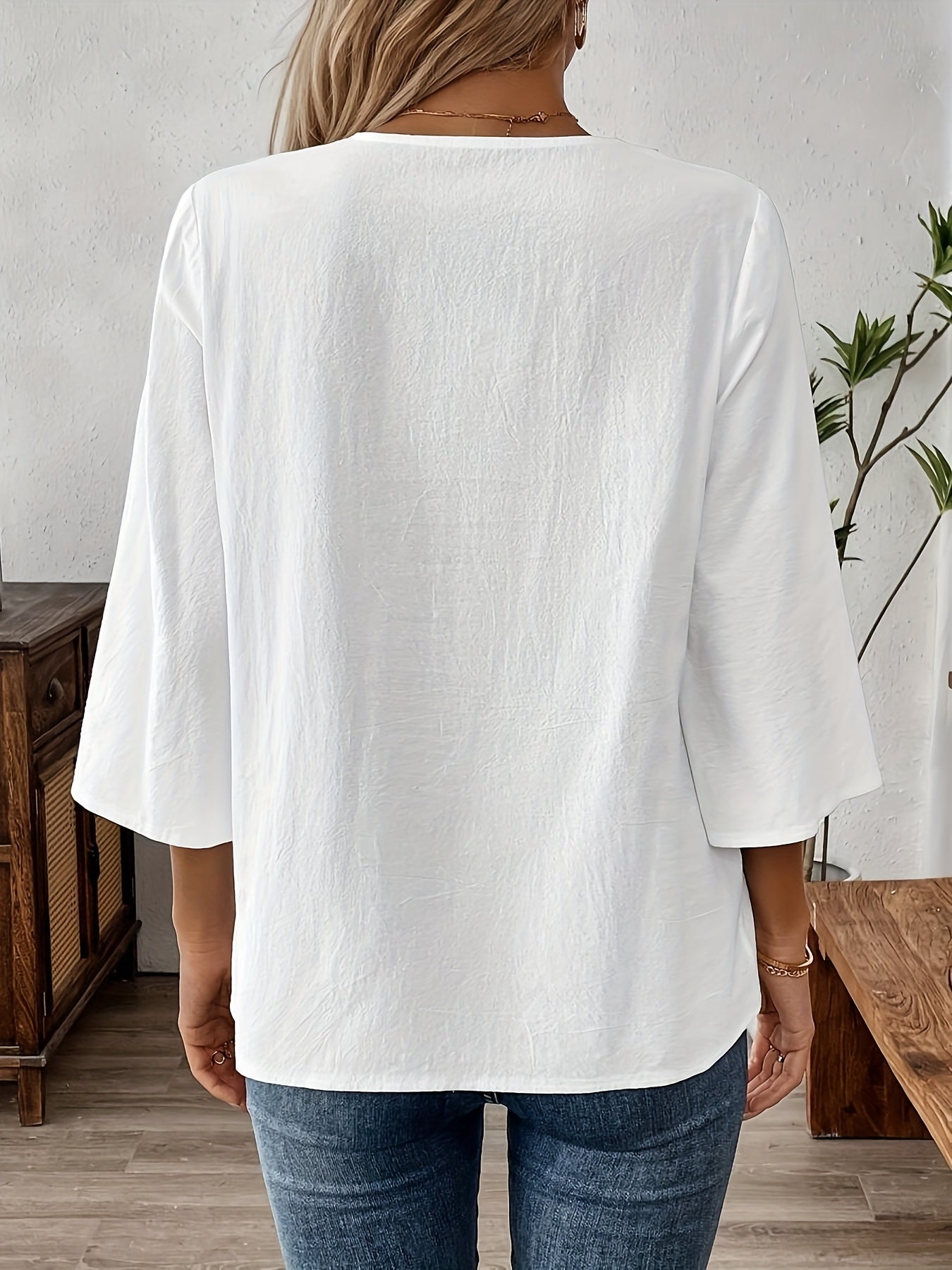 Damen Boho-Bluse mit Stickerei und 3/4-Ärmeln – Lässige Tunika für Alltag und Freizeit