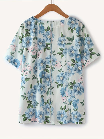 Damen Vintage Bluse mit Blumenmuster und Knopfleiste – Sommer Freizeitshirt