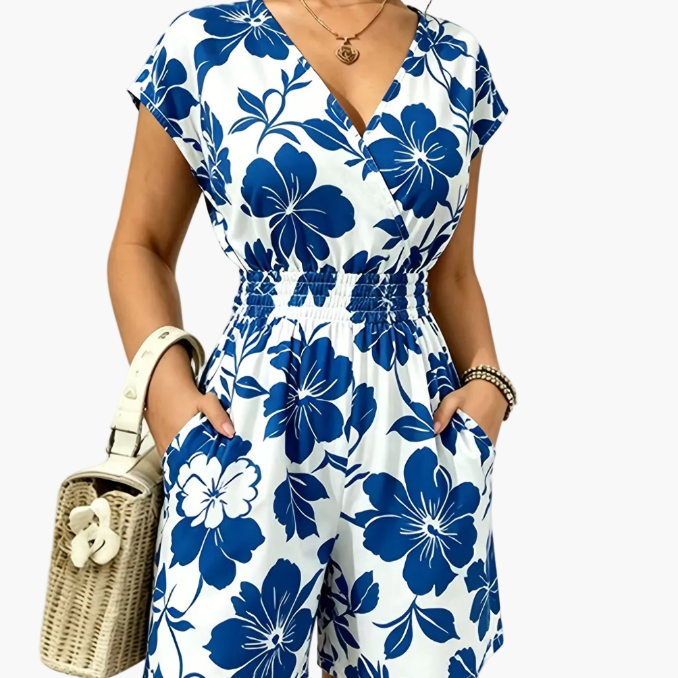 Damen Jumpsuit mit V-Ausschnitt und tropischem Print – Eleganter Freizeit Einteiler mit Taillenbetonung