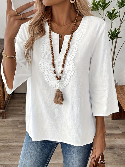 Damen Boho-Bluse mit Stickerei und 3/4-Ärmeln – Lässige Tunika für Alltag und Freizeit