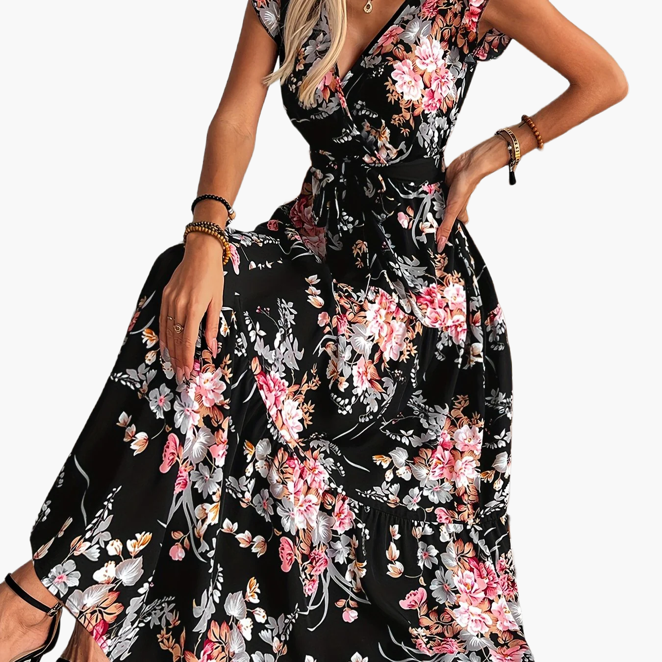 Damen Maxikleid mit Blumenmuster und Gürtel – Elegantes Sommerkleid für Urlaub und Freizeit