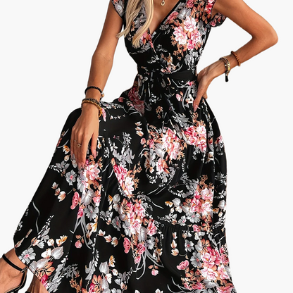 Damen Maxikleid mit Blumenmuster und Gürtel – Elegantes Sommerkleid für Urlaub und Freizeit