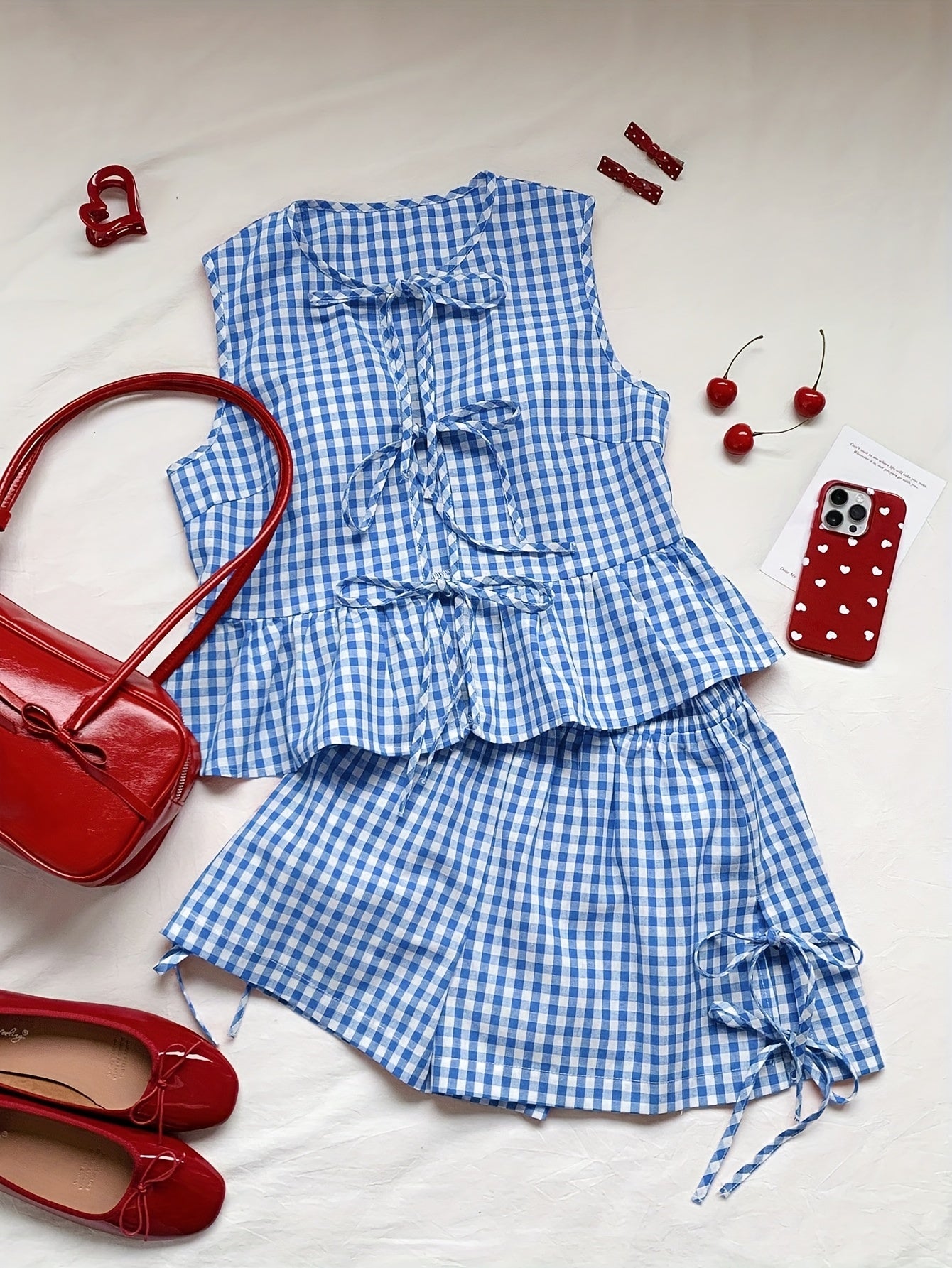 Damen Zweiteiliges Set mit Streifen, Schleifen und Volant – Elegantes Sommer Outfit