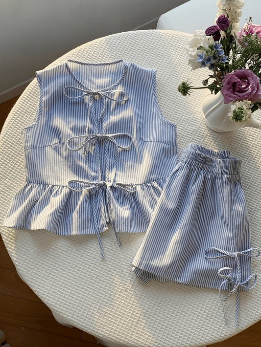 Damen Zweiteiliges Set mit Streifen, Schleifen und Volant – Elegantes Sommer Outfit