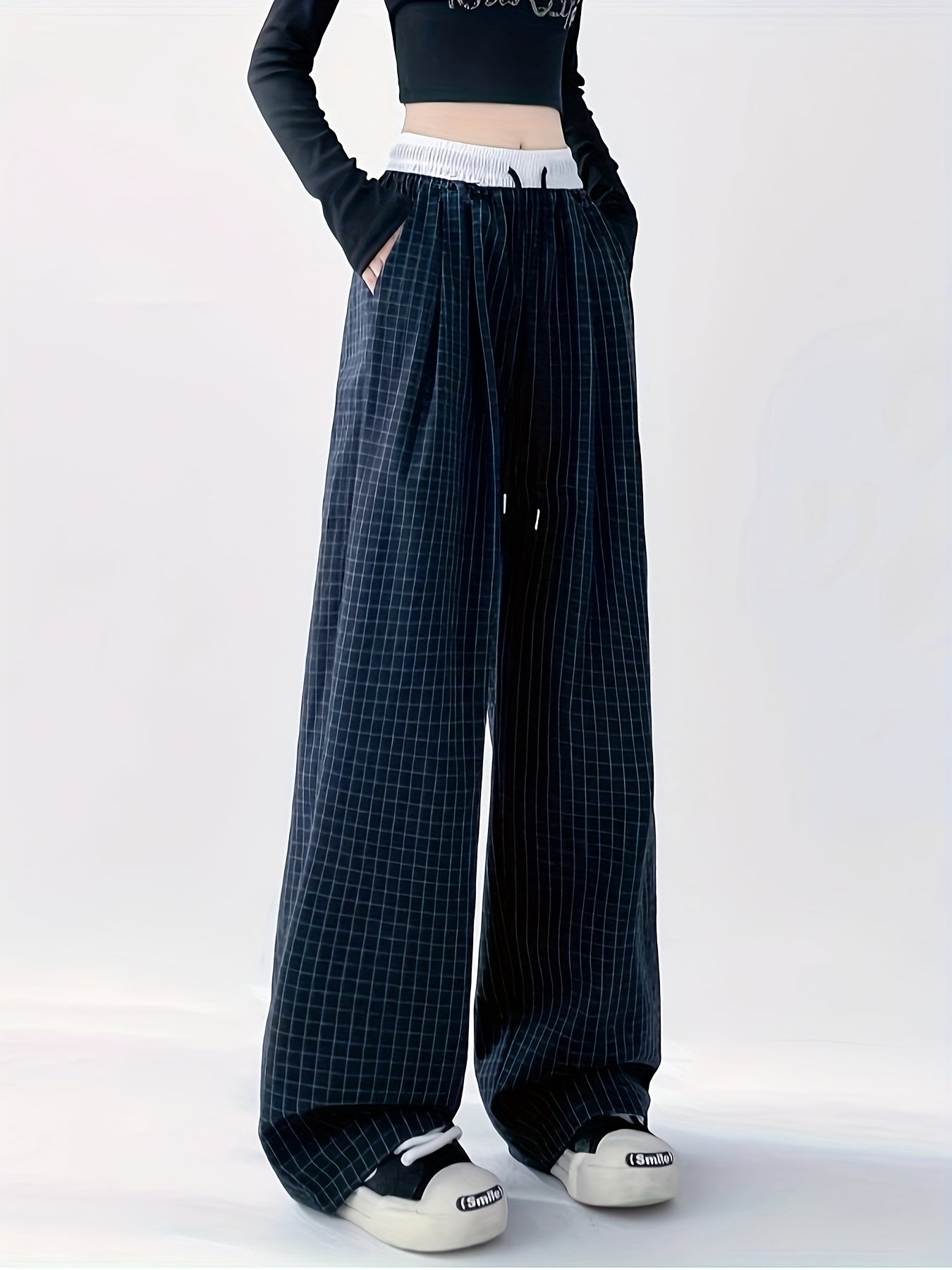 Damen Weite Freizeithose mit Karomuster und Kordelzug – Streetwear Style für Alltag und Freizeit