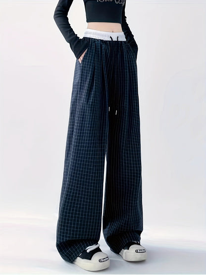 Damen Weite Freizeithose mit Karomuster und Kordelzug – Streetwear Style für Alltag und Freizeit