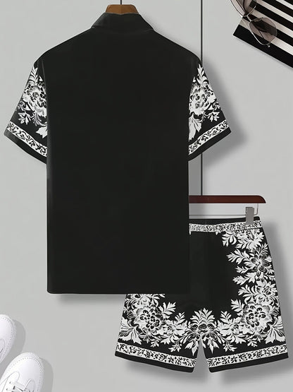 Herren Sommer Kurzarm Freizeit Set mit Blumenmuster – Zweiteiliges Hemd und Shorts, Perfekt für Urlaub & Strand