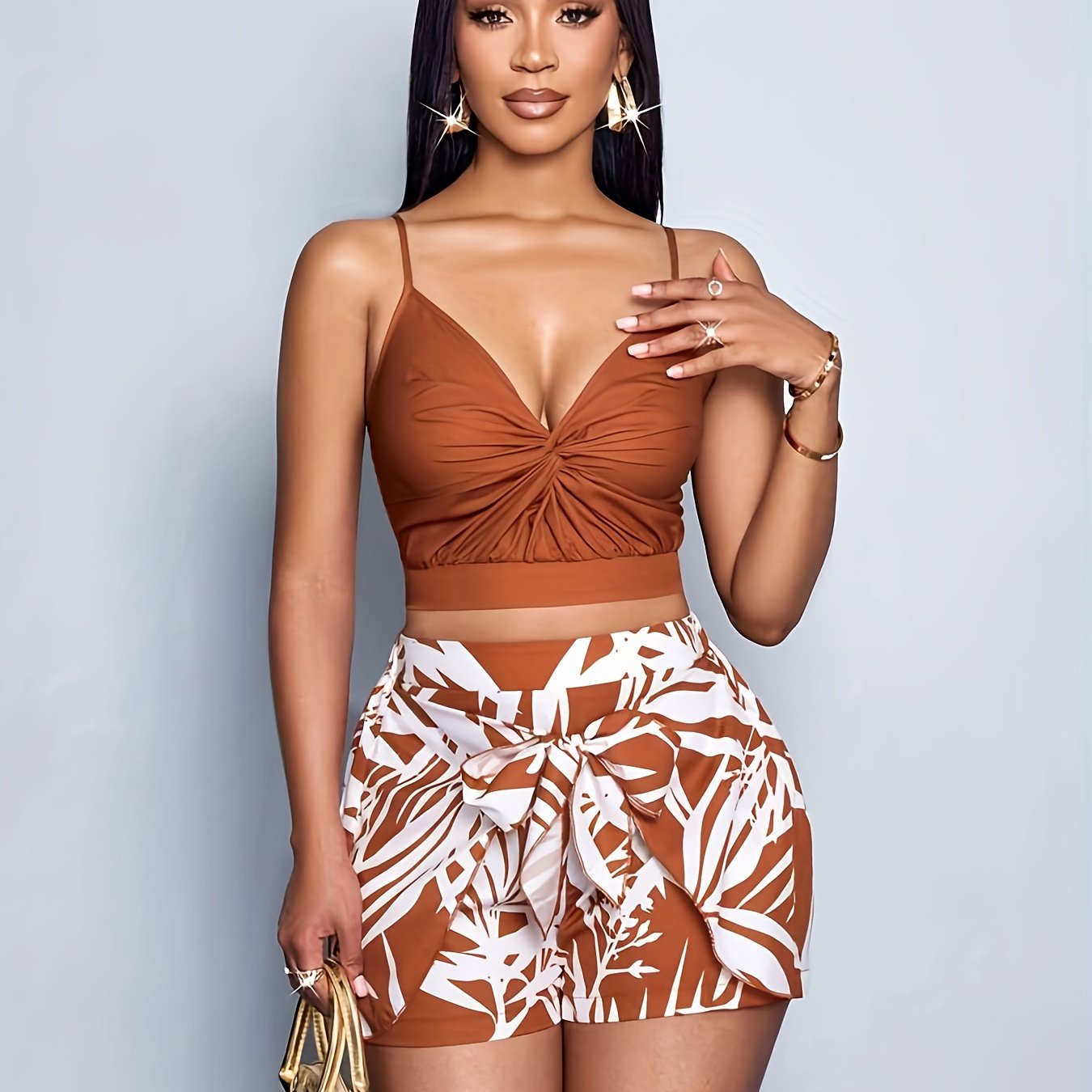 Damen Sommer Set – Modisches Crop Top und Shorts mit tropischem Print, ideal für Urlaub und Freizeit