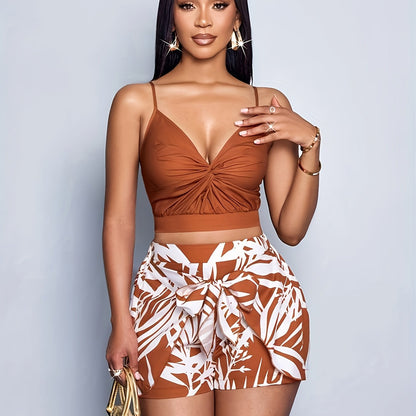 Damen Sommer Set – Modisches Crop Top und Shorts mit tropischem Print, ideal für Urlaub und Freizeit