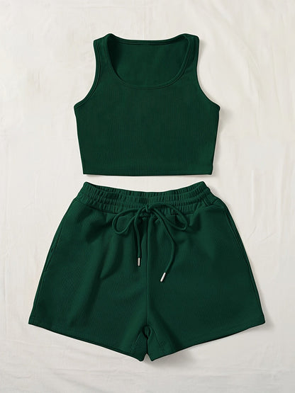 Damen Freizeit Zweiteiler Set – Geripptes Crop Top & Shorts, Sportlich & Modern für Alltag und Entspannung