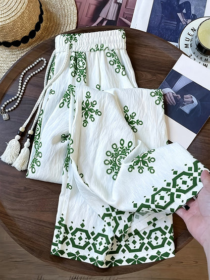 Damen Palazzo-Hose mit Boho-Stickerei und weitem Bein – Eleganter Freizeit-Look