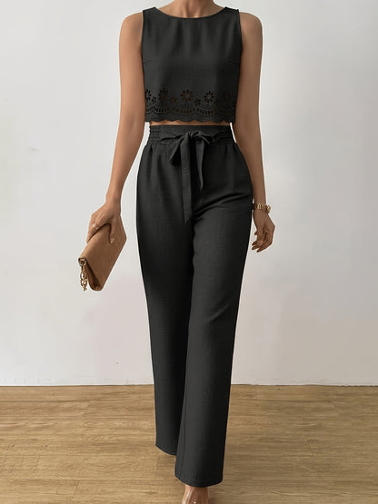 Damen Elegantes 2-teiliges Sommer-Set mit Crop Top und Weitbein-Hose – Modischer Freizeitanzug mit Stickerei