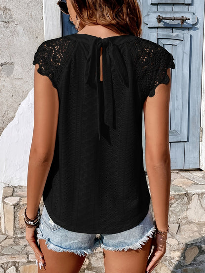 Damen Spitzentop mit Häkelärmeln und Rückenschleife – Sommer Freizeit Bluse