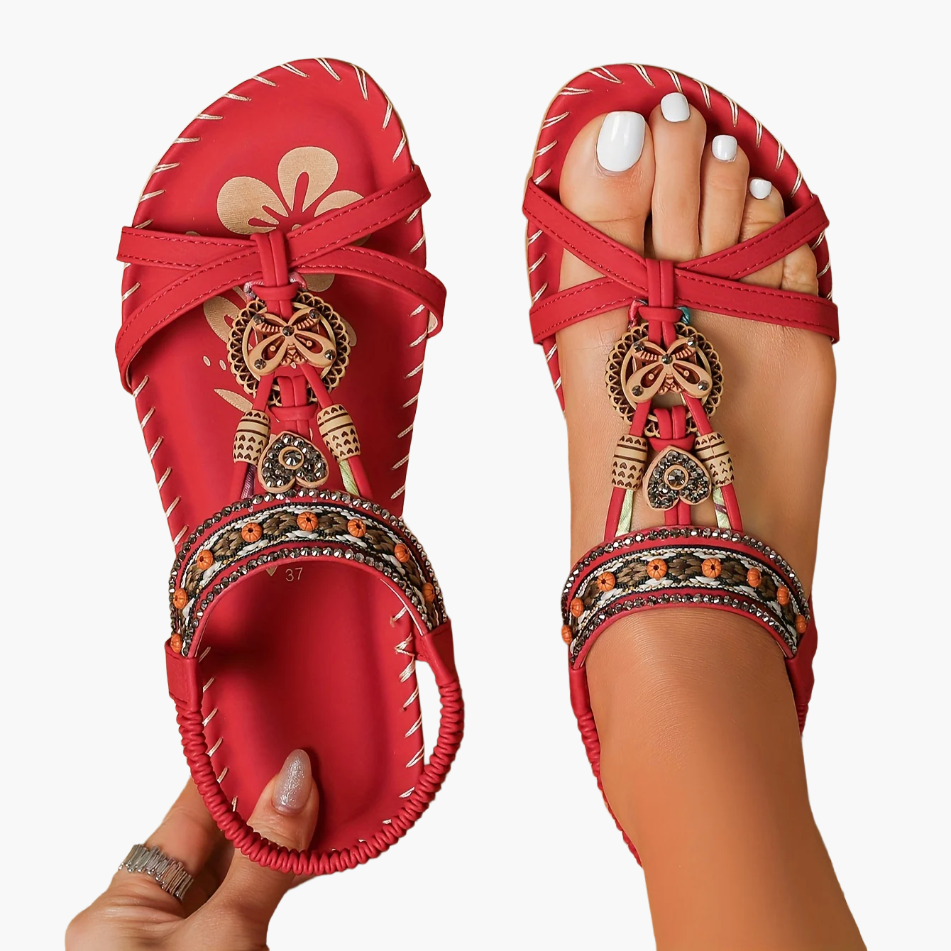 Damen Boho Sandalen mit Perlen und Ornamenten – Bequeme Sommerschuhe für Alltag & Urlaub