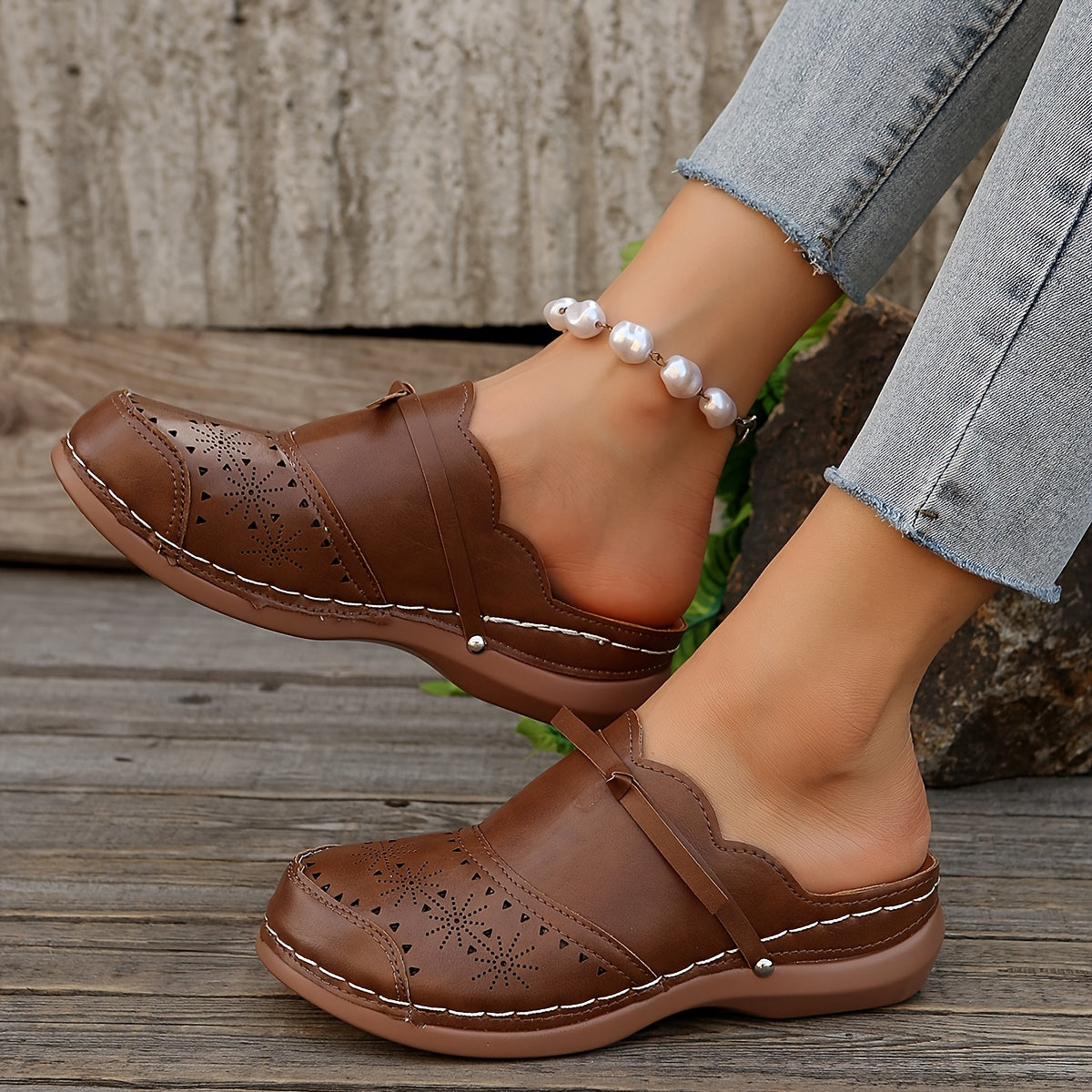 Damen Vintage Komfort Clogs Slip-On Schuhe für Freizeit und Alltag