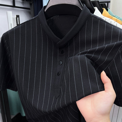 Herren Kurzarm-Hemd mit Stehkragen und Nadelstreifen – Modernes Freizeitshirt mit Knopfleiste