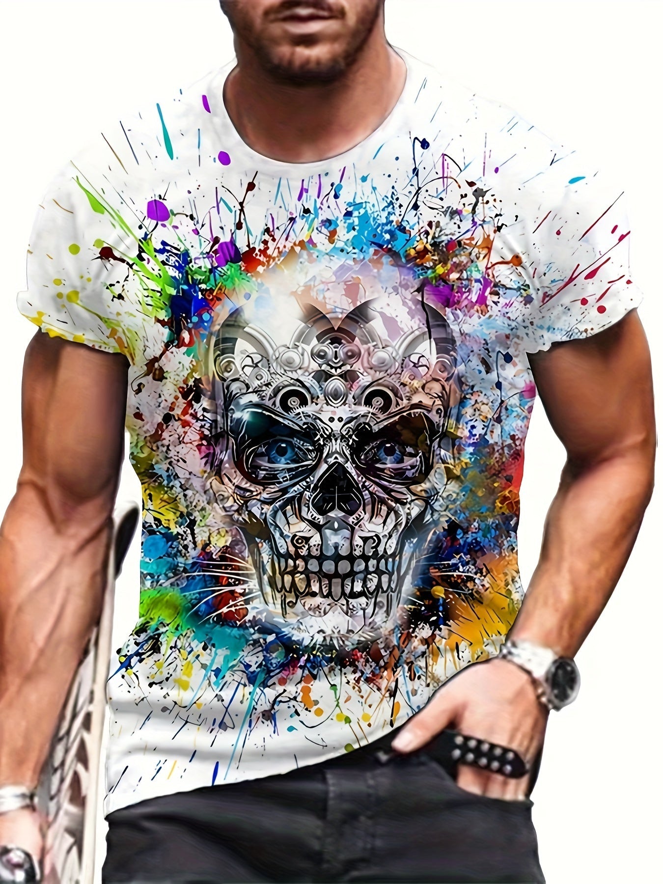 Herren T-Shirt mit Totenkopf-Grafik und Farbspritzer-Design – Urban Streetwear für große Größen