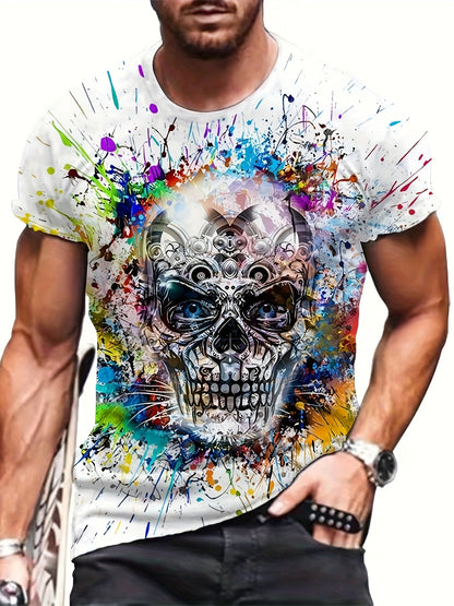 Herren T-Shirt mit Totenkopf-Grafik und Farbspritzer-Design – Urban Streetwear für große Größen