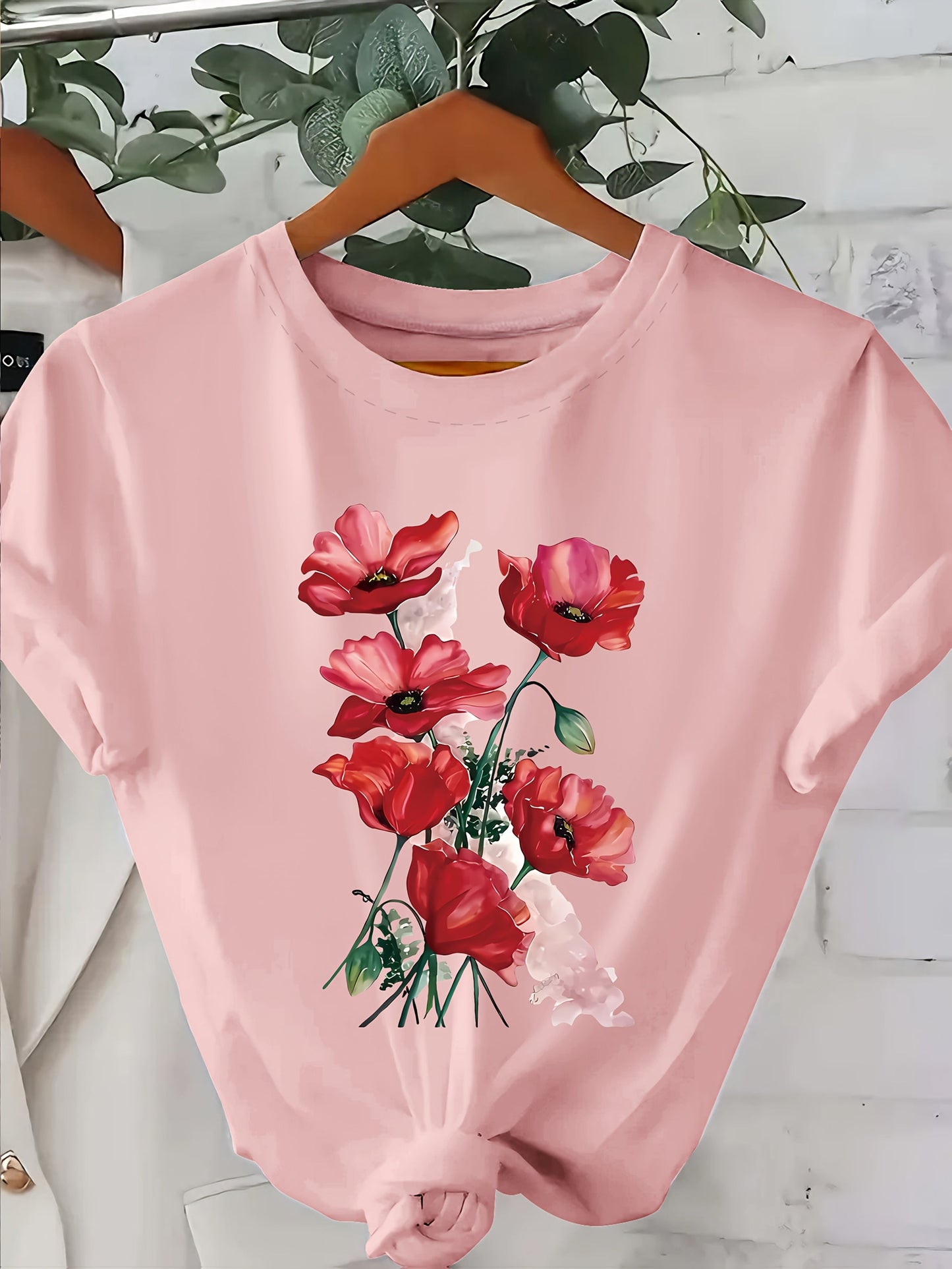 Damen T-Shirt mit Blumenprint – Modisches Freizeitshirt mit Mohnblumen Design