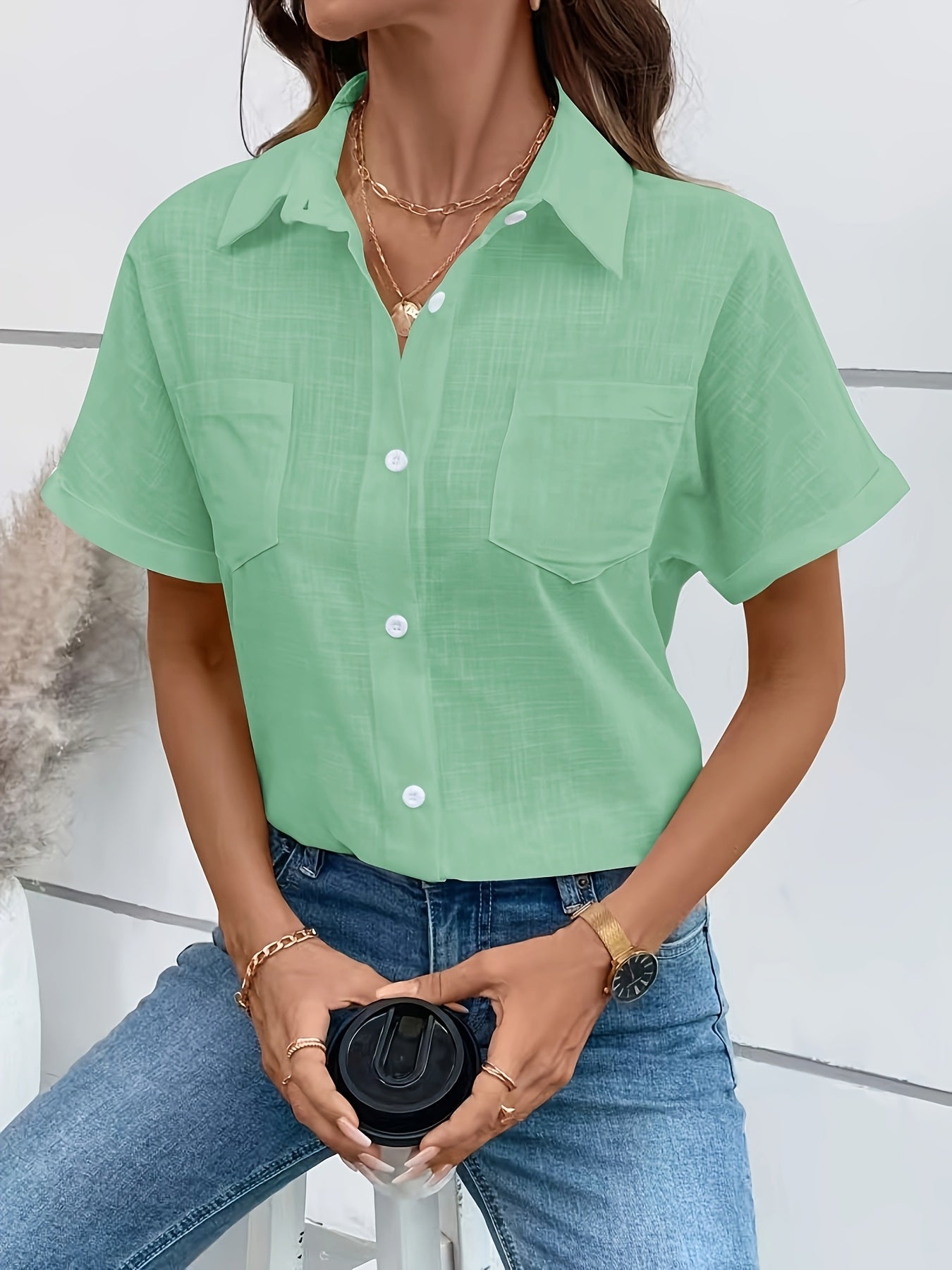 Damen Kurzarm Bluse mit Vogel-Print – Stilvolle Freizeit Hemdbluse für Alltag & Büro