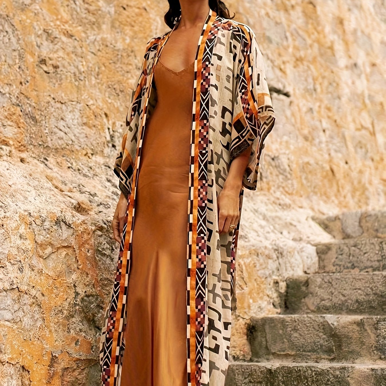 Damen Boho Kimono Lang mit Ethno-Muster – Eleganter Langer Morgenmantel für Strand & Freizeit