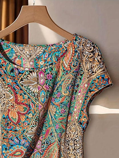 Damen Boho-Bluse mit Paisley-Muster und asymmetrischem Knoten – Elegantes Sommer-T-Shirt für Freizeit und Büro