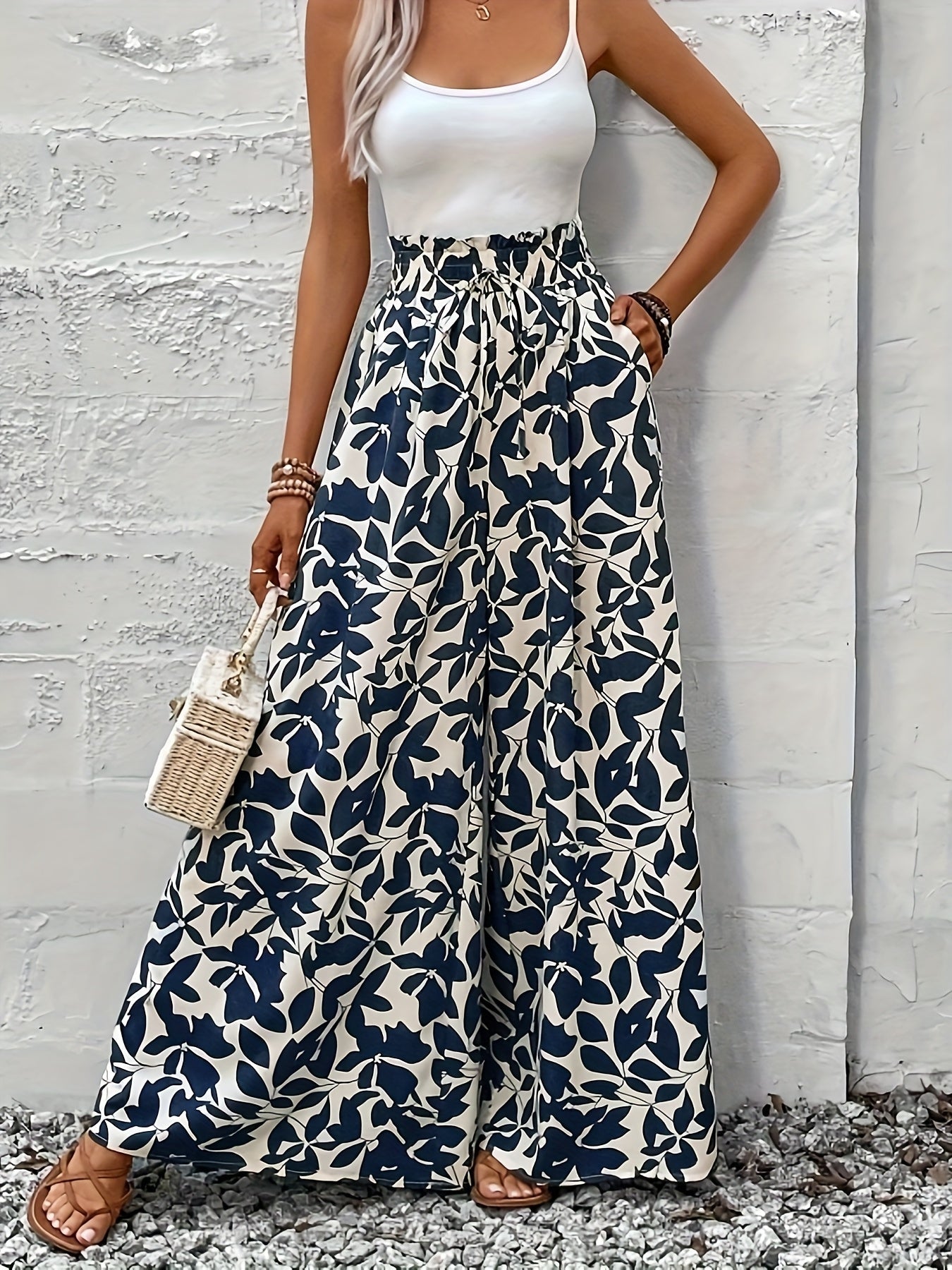 Damen Weitbeinige High-Waist Palazzo Hose mit Tropischem Blattmuster – Eleganter Boho-Stil für Alltag und Freizeit