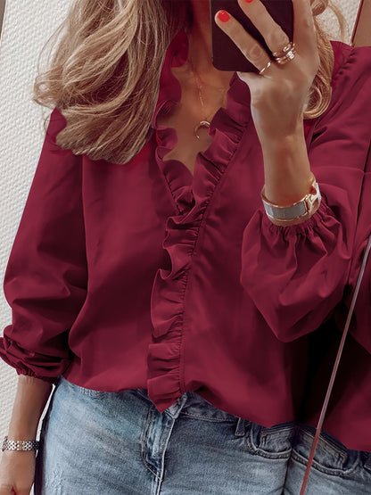 Damen Rüschenbluse Elegant Freizeit-Look V-Ausschnitt