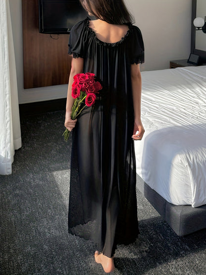 Damen Elegantes Off-Shoulder Nachthemd mit Rüschen – Luftiges Maxikleid für gemütliche Nächte
