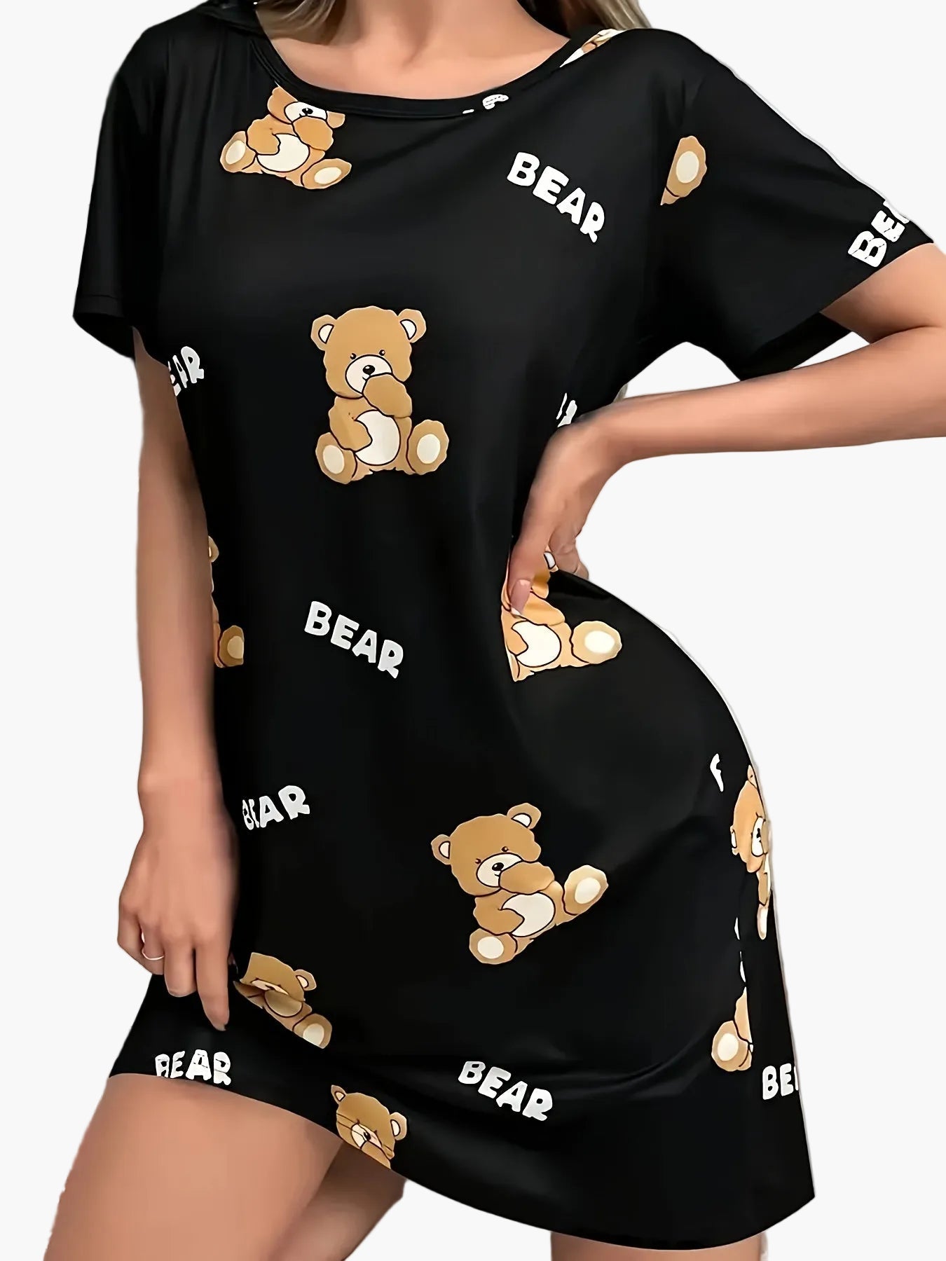 Damen Nachthemd mit Teddybär-Print – Bequemes Casual Schlafshirt für Erwachsene