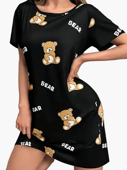 Damen Nachthemd mit Teddybär-Print – Bequemes Casual Schlafshirt für Erwachsene