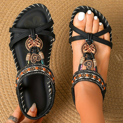 Damen Boho Sandalen mit Perlen und Ornamenten – Bequeme Sommerschuhe für Alltag & Urlaub