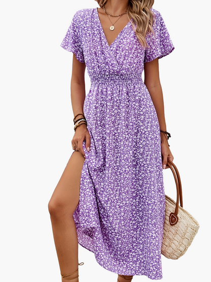 Damen Boho Maxikleid mit V-Ausschnitt und Blumenmuster – Elegantes Sommerkleid für Alltag und Urlaub