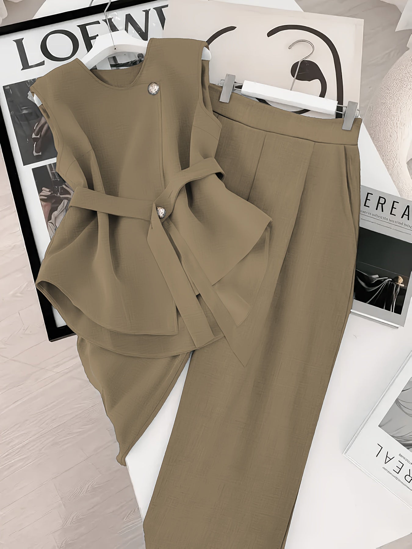 Damen Business Zweiteiler Set – Elegantes Top mit Gürtel und Weite Hose für Büro und Events